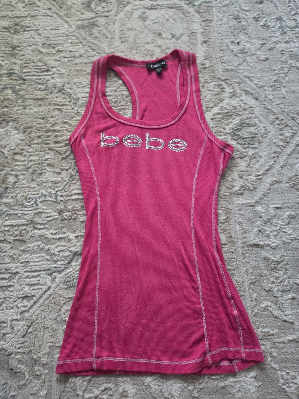 bebe Hot Pink Rhinestone Logo Racerback Tank Top
